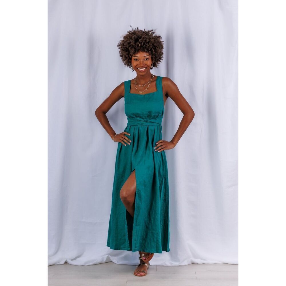 Sea Lustre Lucia Maxi Dress Green  Linen Summer Resort Boho Vacation Size S/M NW